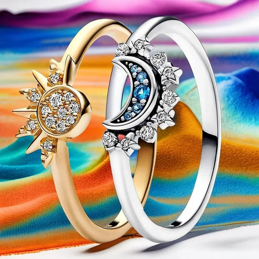 Celestial Blue Sparkling Moon Sun Ring